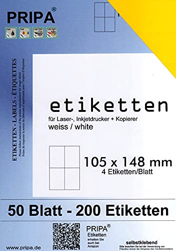 pripa - Etiketten 105 x 148-4 Stueck auf A4-50 Blatt - gelb - DIN A4 Selbstklebende Etiketten 3424 von pripa