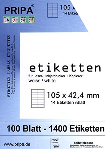 pripa - Etiketten 105 x 42 mm - 14 Stueck auf A4-100 Blatt weiß DIN A4 Selbstklebende Etiketten 3653 pripa - Etiketten 105 x 42 mm - 14 Stueck auf A4-100 Blatt weiß DIN A4 Selbstklebende Etiketten 3653 von pripa