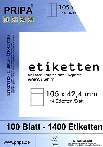 pripa - Etiketten 105 x 42 mm - 14 Stueck auf A4-100 Blatt weiß DIN A4 Selbstklebende Etiketten 3653 von pripa