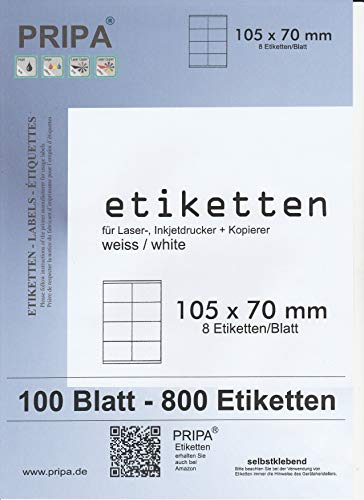 pripa - Etiketten 105 x 70 mm - 8 Stueck auf A4-100 Blatt DIN A4 selbstklebende Etiketten - DHL Post von pripa