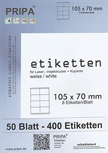 pripa - Etiketten 105 x 70 mm - 8 Stueck auf A4-50 Blatt DIN A4 selbstklebende Etiketten - DHL Post Versand pripa - Etiketten 105 x 70 mm - 8 Stueck auf A4-50 Blatt DIN A4 selbstklebende Etiketten - DHL Post Versand von pripa
