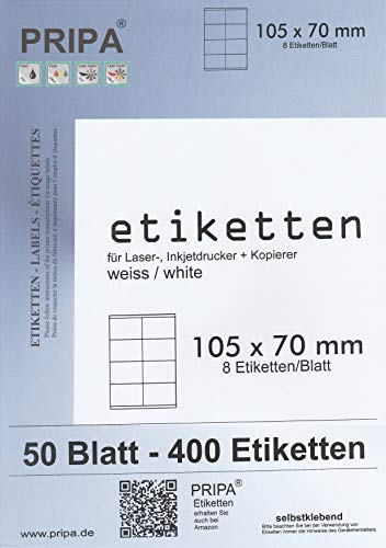 pripa - Etiketten 105 x 70 mm - 8 Stueck auf A4-50 Blatt DIN A4 selbstklebende Etiketten - DHL Post Versand von pripa