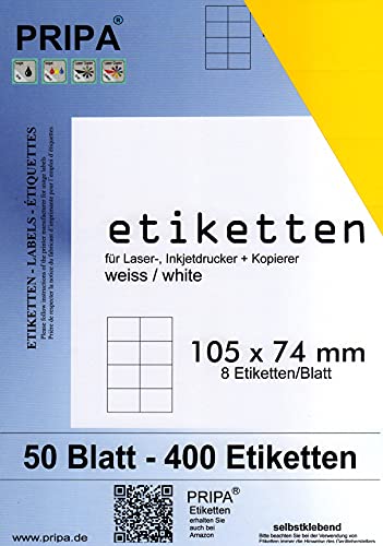 pripa - Etiketten 105 x 74-8 Stueck auf A4-50 Blatt - gelb - DIN A4 Selbstklebende Etiketten 3427 pripa - Etiketten 105 x 74-8 Stueck auf A4-50 Blatt - gelb - DIN A4 Selbstklebende Etiketten 3427 von pripa