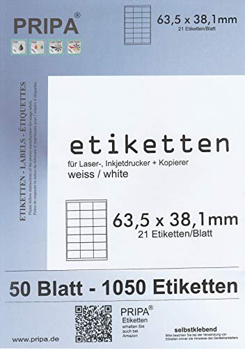 pripa - Etiketten 63,5 x 38,1-21 Stueck auf A4-50 Blatt DIN A4 selbstklebende Etiketten DHL Post von pripa