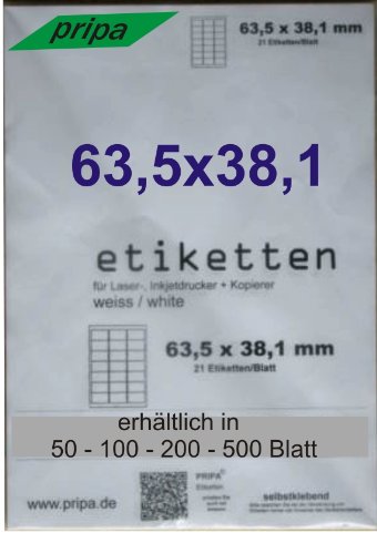 pripa - Etiketten 63,5 x 38,1-21 Stueck auf A4-500 Blatt DIN A4 selbstklebende Etiketten DHL Post von pripa