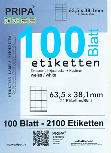 pripa - Etiketten 63,5 x 38,1 mm - 21 Stueck auf A4-100 Blatt DIN A4 selbstklebende Etiketten - fuer Amazon FBA Versand DHL Post von pripa