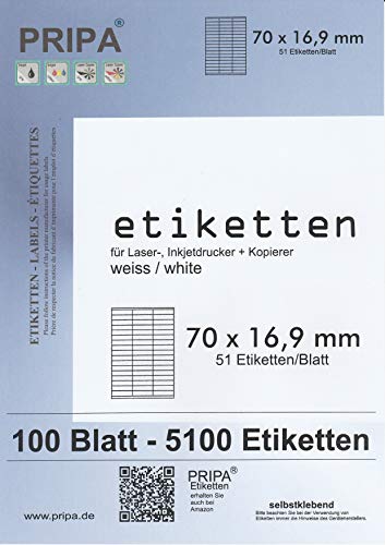 pripa - Etiketten 70 x 16,9 mm - 51 Stueck auf A4-100 Blatt DIN A4 selbstklebende Etiketten 3420 von pripa