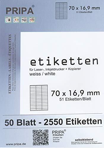 pripa - Etiketten 70 x 16,9 mm - 51 Stueck auf A4-50 Blatt DIN A4 selbstklebende Etiketten 3420 von pripa