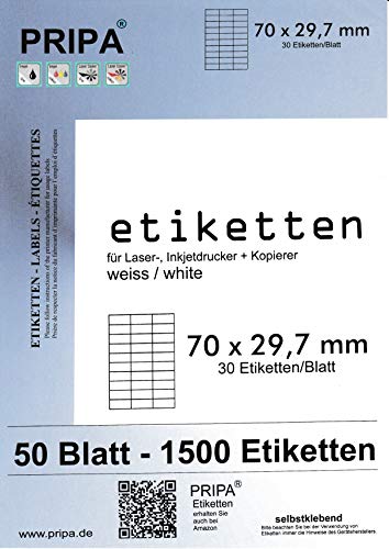 pripa - Etiketten 70 x 29,7 mm - 30 Stueck auf A4 50 Blatt bedruckbar selbstklebende Etiketten, 1.500 Etiketten pripa - Etiketten 70 x 29,7 mm - 30 Stueck auf A4 50 Blatt bedruckbar selbstklebende Etiketten, 1.500 Etiketten von pripa