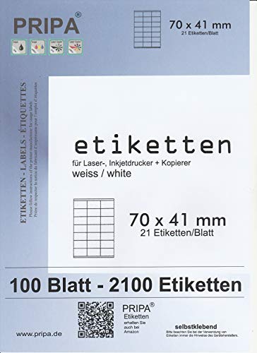 pripa - Etiketten 70 x 41 mm - 21 Stueck auf A4-100 Blatt DIN A4 selbstklebende Etiketten 3481 von pripa