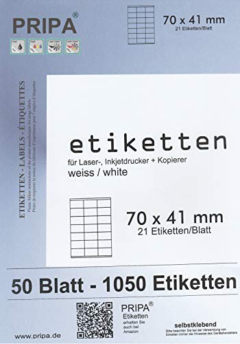pripa - Etiketten 70 x 41 mm - 21 Stueck auf A4-50 Blatt DIN A4 selbstklebende Etiketten 3481 von pripa