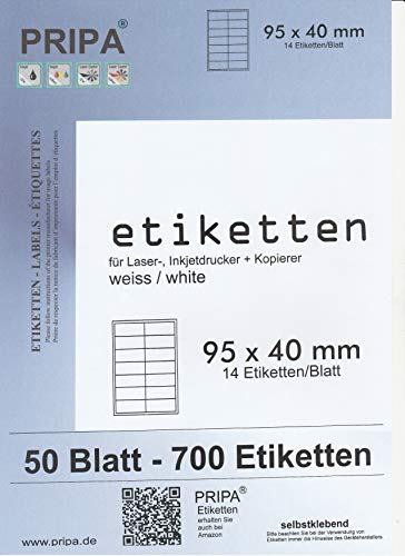 pripa - Etiketten 95 x 40 mm - 14 Stueck auf A4-50 Blatt DIN A4 selbstklebende Etiketten von pripa