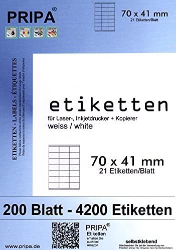 pripa - Etiketten Format 70 x 41 mm - 21 Stueck auf A4-200 Blatt DIN A4 selbstklebende Etiketten von pripa