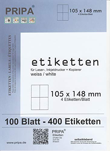 pripa Etikettenformat 105 x 148 mm, 100 Blatt DIN A4 selbstklebende Etiketten. 4 Etiketten pro Bogen (100) von pripa