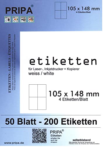 pripa Etikettenformat 105 x 148 mm, 50 Blatt DIN A4 selbstklebende Etiketten. 4 Etiketten pro Bogen (50) von pripa