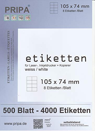 pripa Etikettenformat 105 x 74, 500 Blatt DIN A4 selbstklebende Etiketten. Der Bogen ist aufgeteilt in 8 Etiketten = 2 Spalten je 4 Reihen von pripa