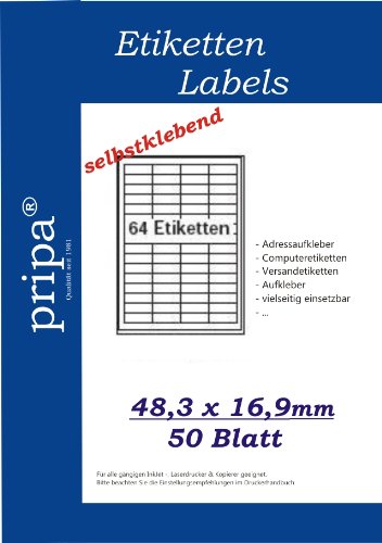 pripa Etikettenformat 48,5 x 16,9 mm 50 Blatt DIN A4 selbstklebende Etiketten 3200Etiketten (50) von pripa