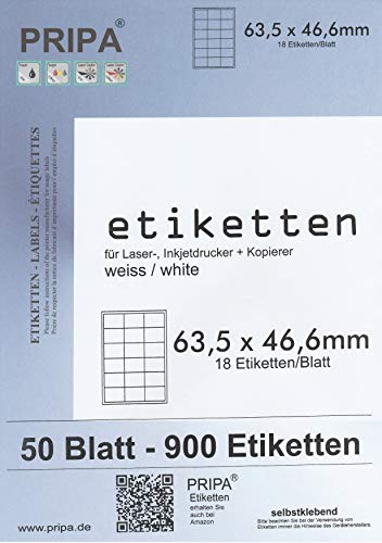 pripa Etikettenformat 63,5 x 46,6 mm, 50 Blatt DIN A4 selbstklebende Etiketten von pripa