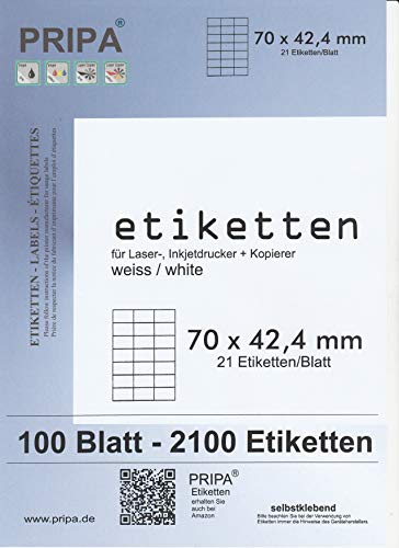 pripa Etikettenformat 70 x 42,4 mm 100 Blatt DIN A4 Selbstklebende Etiketten (100) von pripa