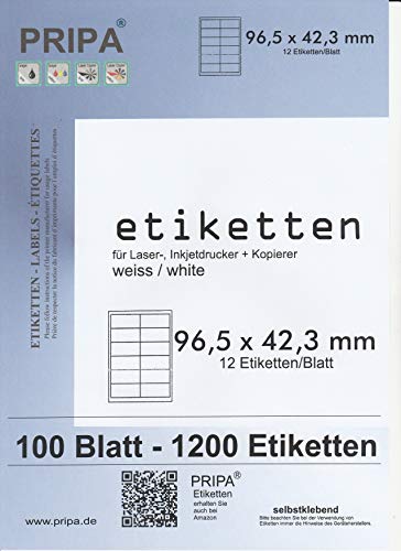 pripa Etikettenformat 96,5 x 42,3 mm 100 Blatt Din A4 Selbstklebende Etiketten (100) von pripa