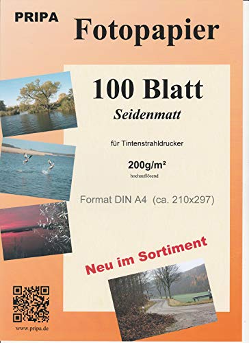 pripa Fotopapier A4-100 Blatt seidenmatt seidenglanz satin, 200g/m² fuer Tintenstrahl - InkJet Drucker von pripa