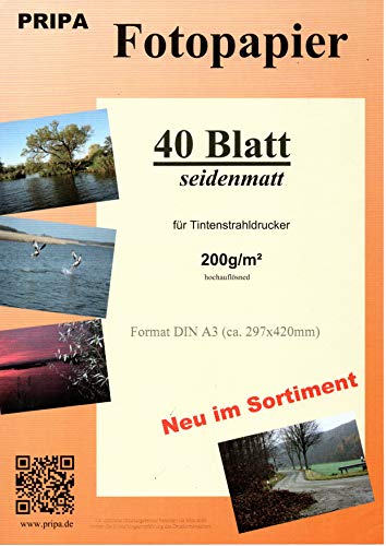 pripa Fotopapier din A3, 40 Blatt seidenmatt seidenglanz satin beschichtet, 200g/m² für Tintenstrahl - InkJet Drucker von pripa