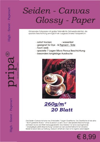 pripa SEIDEN CANVAS 20 Blatt Fotopapier A4 260g - glossy glanz Fotopapier mit großer Schwarztondichte - ausgezeichnetes Farbspektrum - fuer InkJet Drucker,sehr gut für Pigment-Tinte geeignet pripa SEIDEN CANVAS 20 Blatt Fotopapier A4 260g - glossy glanz Fotopapier mit großer Schwarztondichte - ausgezeichnetes Farbspektrum - fuer InkJet Drucker,sehr gut für Pigment-Tinte geeignet von pripa