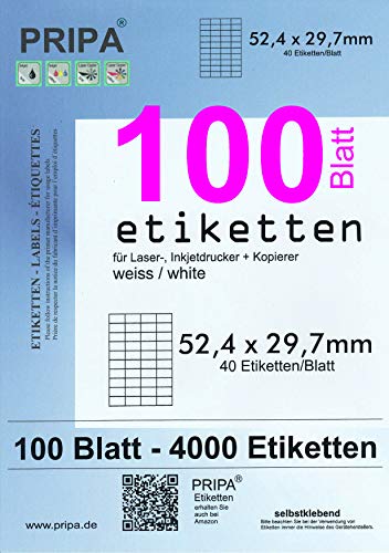 pripa - amazon FBA Versand Etiketten 52,4 x 29,7 mm - 40 Stueck auf A4 100 Blatt DIN A4 selbstklebende Etiketten von pripa