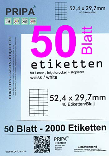 pripa - fuer Amazon FBA Versand Etiketten 52,5 x 29,7 mm - 40 Stueck auf A4 50 Blatt DIN A4 selbstklebende Etiketten von pripa