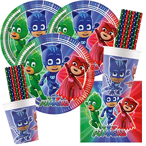 procos/spielum 68-teiliges Party-Set PJ Mask Pyjamahelden - Teller Becher Servietten Trinkhalme für 16 Kinder von procos/spielum