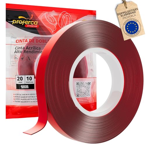 proferca Doppelseitiges Klebeband Extra Stark Xtreme 20mm x 10 Meter | Transparentes Nano Tape für Innen & Außen | Klebeband Doppelseitig Extra Stark von proferca