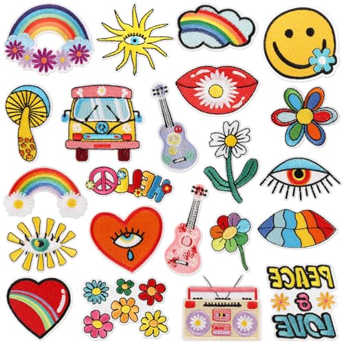 prota 22 Stück Hippie Flicken Bügeln Psychedelische Hippie Aufbügelnde, Aufnäher Zufällige Auswahl Hut Bügelbild zum Aufnähen von Kleidung Rucksack Jacken Jeans Hüte Hemd DIY Handwerk von prota