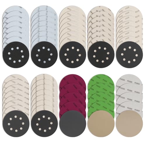 prota Schleifpapier 125mm, 71 Stück Nasse Trockene Schleifscheiben Schleifpad Rund Ohne Loch, Körnung 60 150 240 400 800 1000 1500 2000 3000 5000 Exzenterschleifer Schleifpapi Set für Holz Farbe von prota
