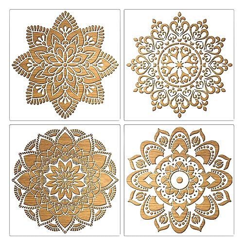 4 Stück Groß Mandala Schablonen Stencils Set, Wiederverwendbares DIY Malerei Vorlage Zubehör, Blume Handwerk Schablone zum Malen an der Wand Boden Fliese Kissen Dekoration (30x30CM) von prtsftrb