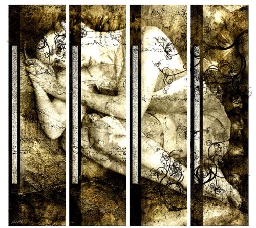Hammer Angebot! 4 teiliges Leinwandbild xxl billig & modern (Dreaming) Bilder fertig gerahmt mit Keilrahmen riesig im Bilder Shop. Ausführung Kunstdruck neu als Wandbild mit Rahmen aus Holz. Wohnideen zum einrichten preiswerter als Ölbild Gemälde Foto Poster Plakat mit Bilderrahmen. Deko für Wohnzimmer und Schlafzimmer - Picture Style (abstrakt Frau schlafend blumige Muster romantisch Formen Linien Schrift beige grau) . 100% Made in Germany - Qualität aus Deutschland. Weitere Foto Bilder im Bild Online Shop. von ps-art Wandbilder