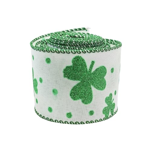 pson 1 Rolle 4,5 m St. Patrick's Day Kleeblatt Juteband mit Drahtrand für Kränze, Basteln, Schleifen und Feiertagsdekorationen (Kleeblatt-Satin) von pson