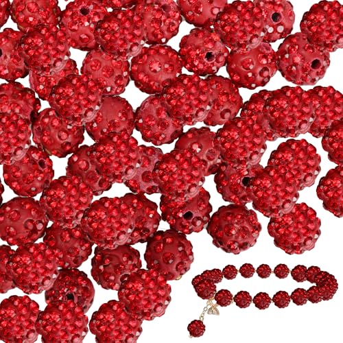 pson 100 Stück 10 mm rote Strass-Perlen, runde Disco-Perlen, Kristall-Ton-Perlen, glänzende Shamballa-Perlen für Schmuckherstellung, Basteln, DIY, Urlaubsdekoration von pson