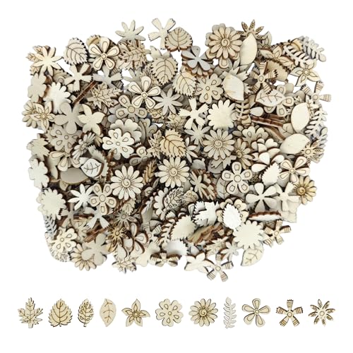 pson 300 Stück Blumen- und Blatt-Holzausschnitte, Bastelverzierungen, unlackierte Holzformen für Heimdekoration, Scrapbooking und Handwerk (zufällig) von pson