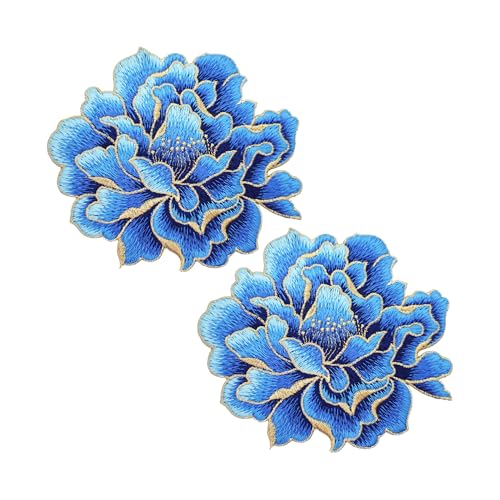 pson Aufnäher mit Pfingstrosen, bestickt, zum Aufnähen auf Stoff, Blumen-Applikationen für DIY-Kleidung, Rucksäcke, Hüte, Kunst, 2 Stück (blau) von pson