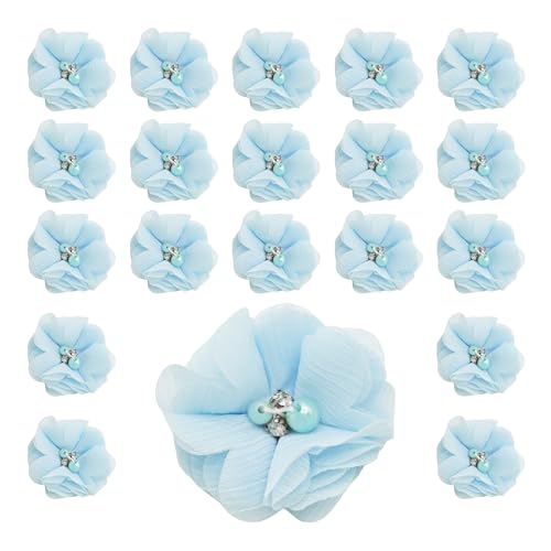 pson Chiffon-Band, Blumen, Schleifen, Applikationen mit Strasssteinen und Perlen für Bastelarbeiten, Hochzeitsdekoration, Haar-Accessoires, Kleider, 20 Stück (blau) von pson
