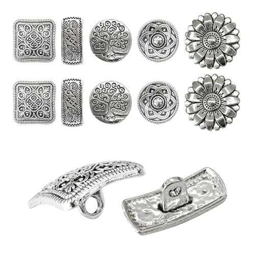 pson Runde Knöpfe im Vintage-Stil, gemischte Metallknöpfe, gravierte Blumenmuster zum Nähen, Basteln, Mäntel, Jeans, DIY-Projekte (Antik-Silber), 50 Stück von pson