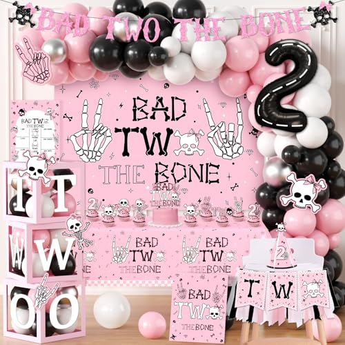 Dekoration zum 2. Geburtstag für Mädchen, Bad Two The Bone Party-Dekorationen mit Hintergrund, Ballon-Box, Kuchen-Cupcake-Topper, Tischdecke für Bad 2, The Bone Thema, 2 Jahre alt Dekoration zum 2. Geburtstag für Mädchen, Bad Two The Bone Party-Dekorationen mit Hintergrund, Ballon-Box, Kuchen-Cupcake-Topper, Tischdecke für Bad 2, The Bone Thema, 2 Jahre alt von pugipien