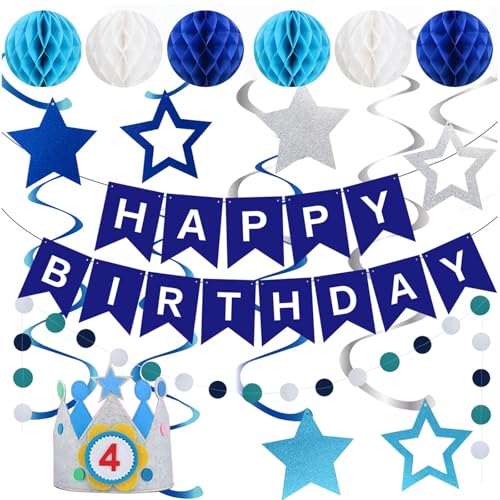 Geburtstagsdeko, Blau Happy Birthday Girlande, Banner, Wabenbälle, Sterndekoration und Geburtstagskronen mit Zahlen 0–9, für jeden geeignet und wiederverwendbare Deko Geburtstag von puiaxod
