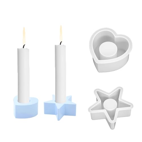 punwey Silikonform Kerzenhalter 2 Stück, DIY Gießform Kerzenhalter Weihnachten, 3D Silikonform Stern Und Liebe Kerzenhalter für Kerzenständer Tablett von punwey
