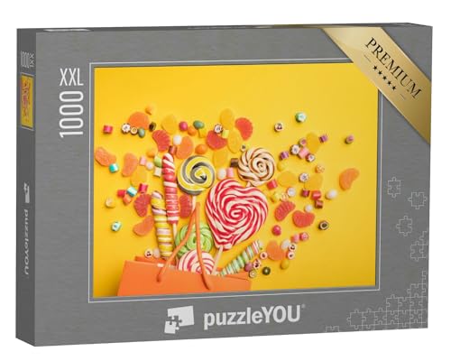 Puzzle 1000 Teile XXL „Draufsicht auf köstliche Bunte Bonbons, die aus Einer Papiertüte fliegen“ – aus der Puzzle-Kollektion Süßigkeiten von puzzleYOU