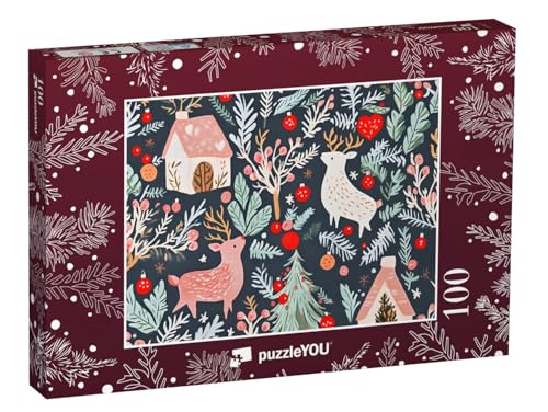 puzzleYOU: Puzzle 100 Teile „Geschenkpapier-Design: Rentiere, Häuser, Sträucher, Weihnachtskugeln“ – aus der Puzzle-Kollektion Weihnachten von puzzleYOU