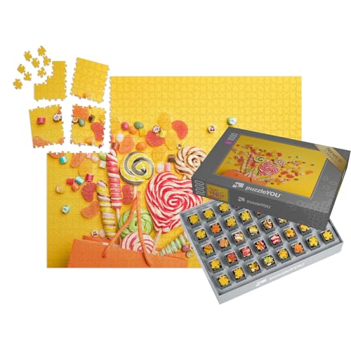 puzzleYOU: SMART Sorted® | Puzzle 1000 Teile leicht gemacht „Draufsicht auf köstliche Bunte Bonbons, die aus Einer Papiertüte fliegen“ – aus der Puzzle-Kollektion Süßigkeiten von puzzleYOU