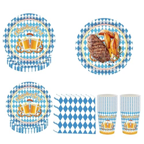 24-teiliges Oktoberfest-Party-Dekorationsset, Oktoberfest-Partyzubehör mit Papierserviette, blau-weißes Bayern-Geschirrset, Partyteller, Tassen-Set für die Oktoberfest-Bierfest-Partydekoration von puzzlegame