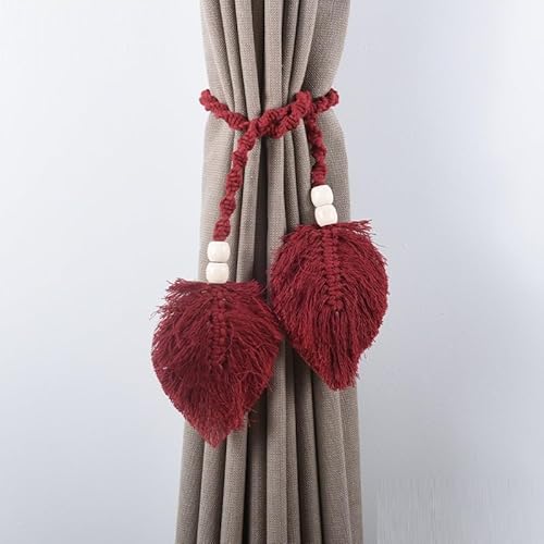 qbodp 2 Stück Vorhang Raffhalter Aus Holzperlen Im Boho Stil, Raffhalter mit Gewebten Quasten und Doppelten Blättern für Vorhänge, Gardinenbänder für Die Heimdekoration, Dunkelrot von qbodp