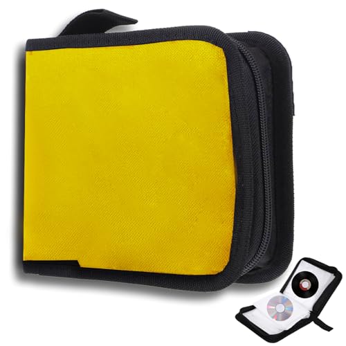 qhklew CD Tasche für 40 Disc, CD DVD Discs Aufbewahrungstasche, mit Reißverschluss Oxford Handtaschen, Mappe zur Aufbewahrung, Platzsparend für Auto und Zuhause (Gelb) von qhklew